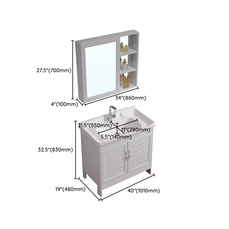 White Freestanding Vanity Rectangular 2 Doors Metal Frame Mirror Single Sink Vanity Clearhalo 'Bathroom Remodel & Bathroom Fixtures' 'Bathroom Vanities' 'bathroom_vanities' 'Home Improvement' 'home_improvement' 'home_improvement_bathroom_vanities' 7379996