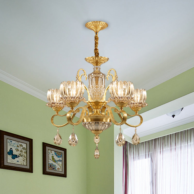 Traditional Lotus Hanging Chandelier 3/5-Light Clear Crystal Glass Ceiling Pendant Lamp in Brass 5 Brass Clearhalo 'Ceiling Lights' 'Chandeliers' Lighting' options 738001_7da9c0cf-0293-49fe-8027-80723a453c85