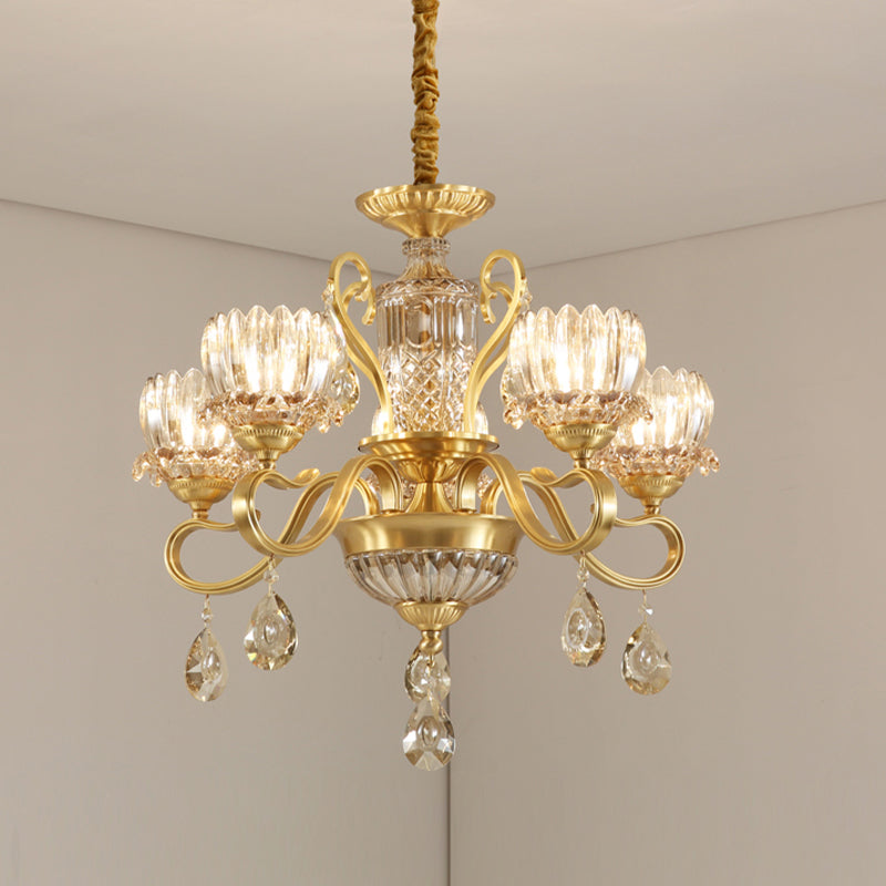 Traditional Lotus Hanging Chandelier 3/5-Light Clear Crystal Glass Ceiling Pendant Lamp in Brass Clearhalo 'Ceiling Lights' 'Chandeliers' Lighting' options 738002