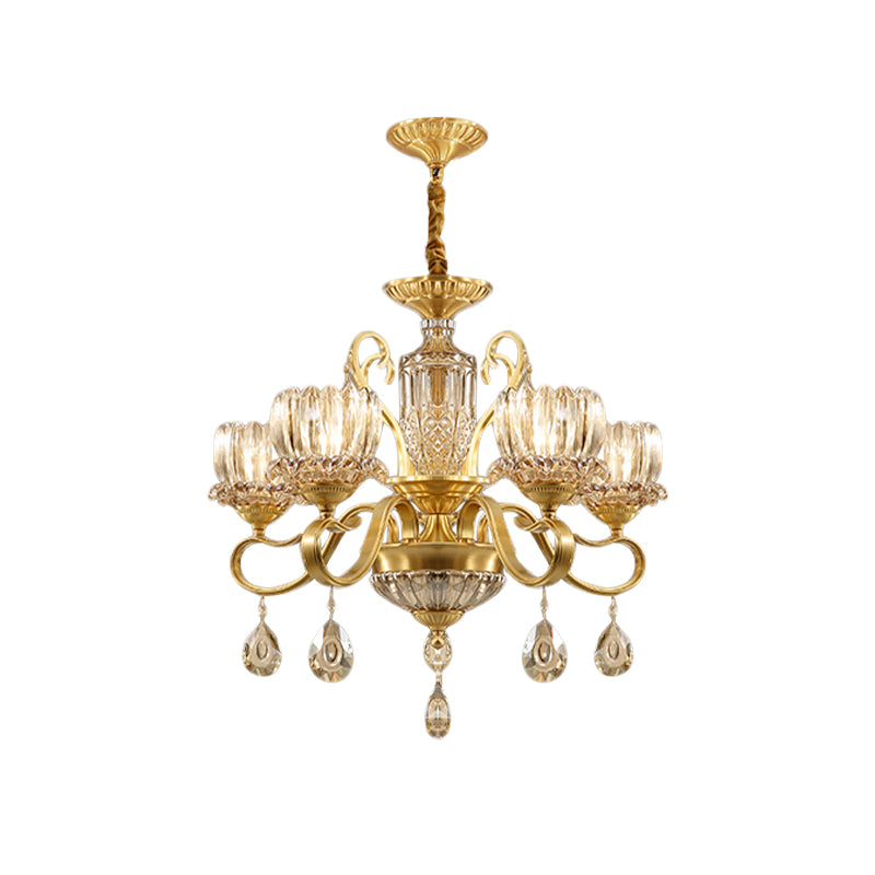 Traditional Lotus Hanging Chandelier 3/5-Light Clear Crystal Glass Ceiling Pendant Lamp in Brass Clearhalo 'Ceiling Lights' 'Chandeliers' Lighting' options 738003