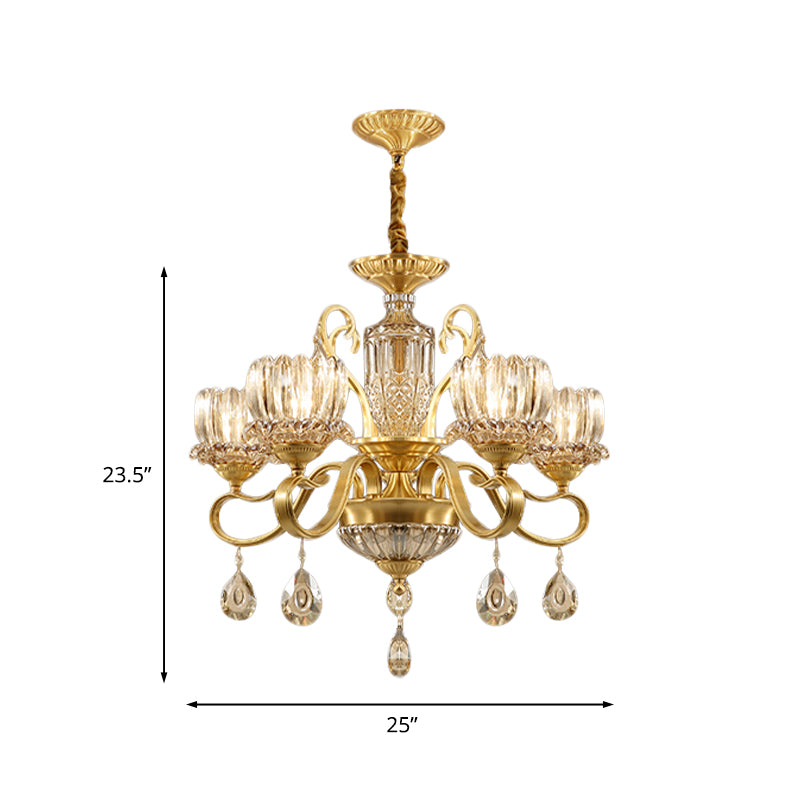 Traditional Lotus Hanging Chandelier 3/5-Light Clear Crystal Glass Ceiling Pendant Lamp in Brass Clearhalo 'Ceiling Lights' 'Chandeliers' Lighting' options 738004