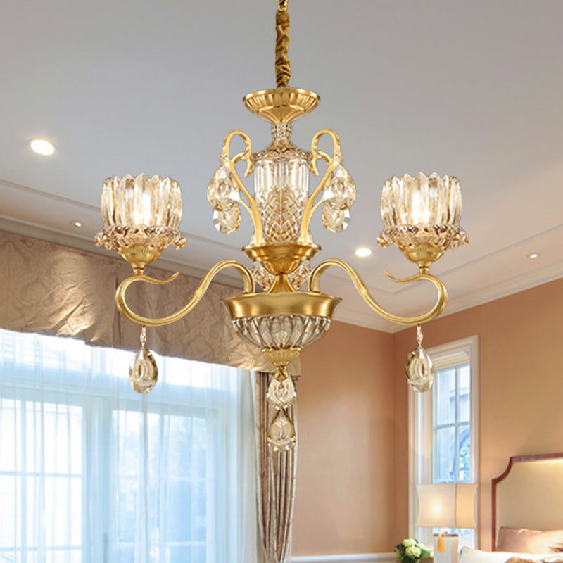 Traditional Lotus Hanging Chandelier 3/5-Light Clear Crystal Glass Ceiling Pendant Lamp in Brass 3 Brass Clearhalo 'Ceiling Lights' 'Chandeliers' Lighting' options 738005_01fa409c-16ba-4ba7-beb6-deee7a24297e