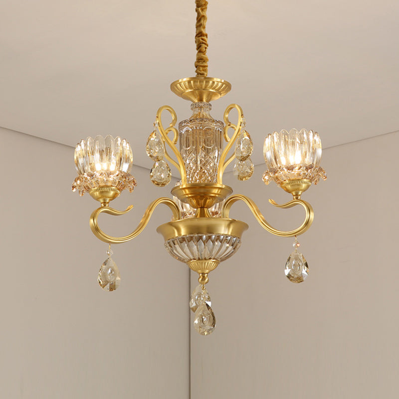 Traditional Lotus Hanging Chandelier 3/5-Light Clear Crystal Glass Ceiling Pendant Lamp in Brass Clearhalo 'Ceiling Lights' 'Chandeliers' Lighting' options 738007