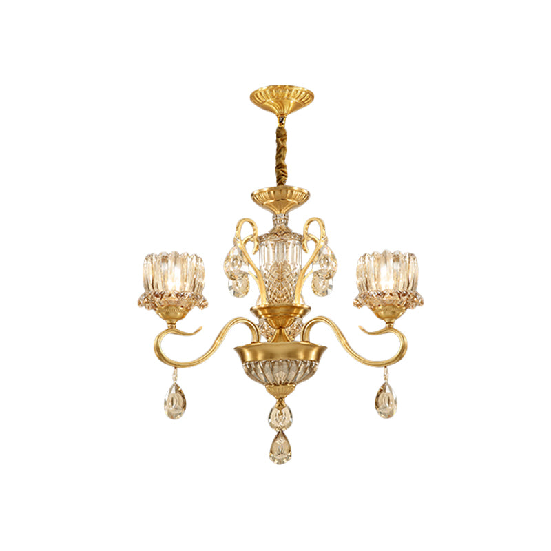 Traditional Lotus Hanging Chandelier 3/5-Light Clear Crystal Glass Ceiling Pendant Lamp in Brass Clearhalo 'Ceiling Lights' 'Chandeliers' Lighting' options 738008