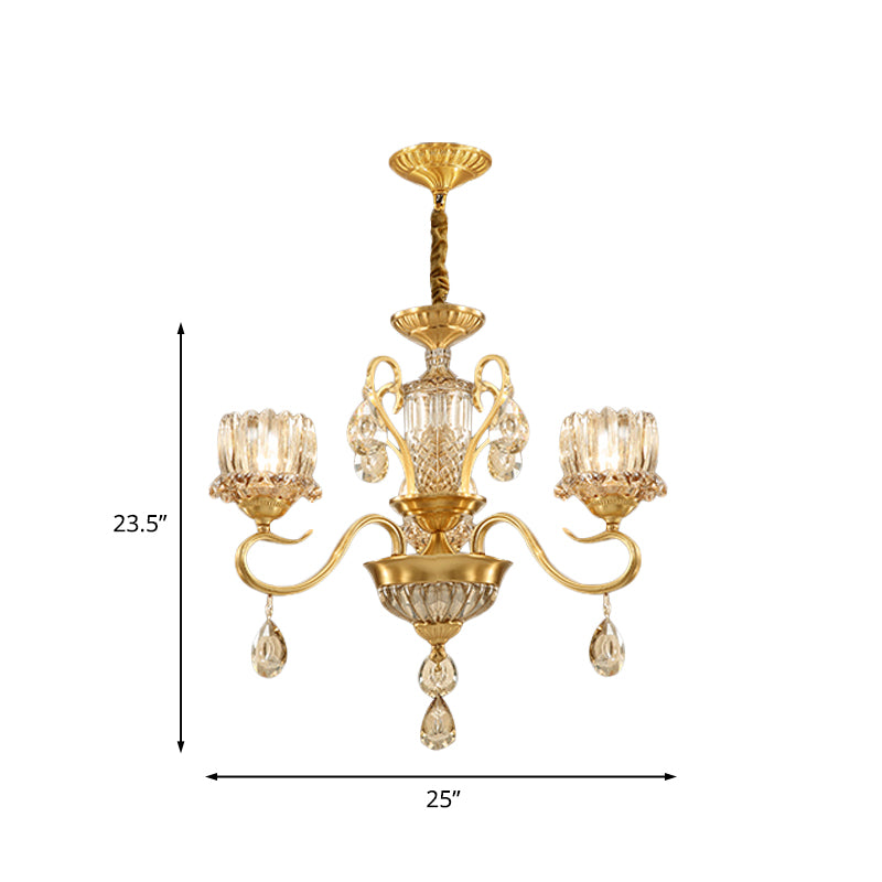 Traditional Lotus Hanging Chandelier 3/5-Light Clear Crystal Glass Ceiling Pendant Lamp in Brass Clearhalo 'Ceiling Lights' 'Chandeliers' Lighting' options 738009