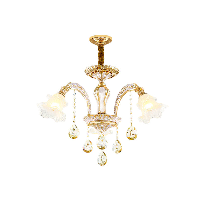 Gold 3/6-Light Ceiling Chandelier Traditional Crystal Stand Suspension Lighting with Floral Frosted Glass Shade Clearhalo 'Ceiling Lights' 'Chandeliers' Lighting' options 738011