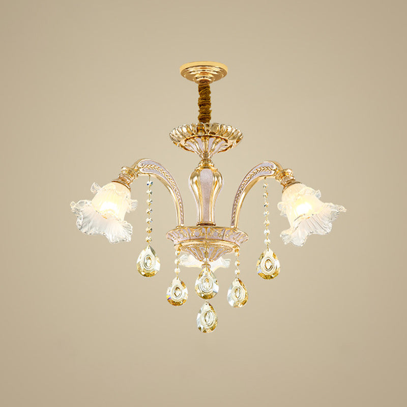 Gold 3/6-Light Ceiling Chandelier Traditional Crystal Stand Suspension Lighting with Floral Frosted Glass Shade Clearhalo 'Ceiling Lights' 'Chandeliers' Lighting' options 738012