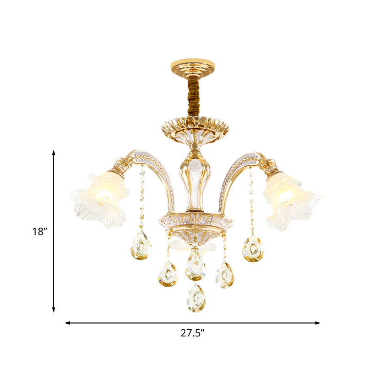 Gold 3/6-Light Ceiling Chandelier Traditional Crystal Stand Suspension Lighting with Floral Frosted Glass Shade Clearhalo 'Ceiling Lights' 'Chandeliers' Lighting' options 738013