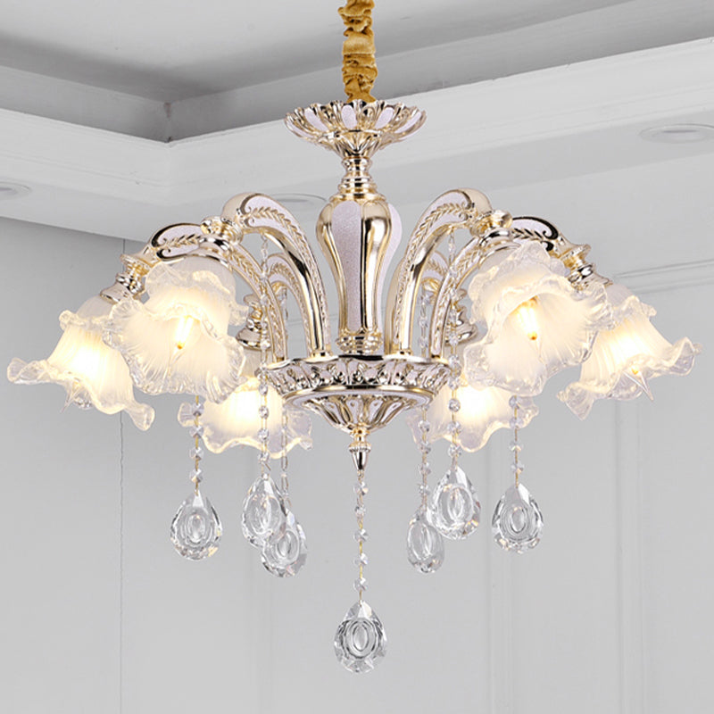 Gold 3/6-Light Ceiling Chandelier Traditional Crystal Stand Suspension Lighting with Floral Frosted Glass Shade Clearhalo 'Ceiling Lights' 'Chandeliers' Lighting' options 738014