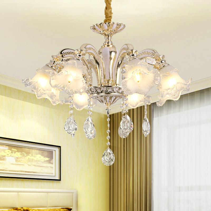 Gold 3/6-Light Ceiling Chandelier Traditional Crystal Stand Suspension Lighting with Floral Frosted Glass Shade Clearhalo 'Ceiling Lights' 'Chandeliers' Lighting' options 738015