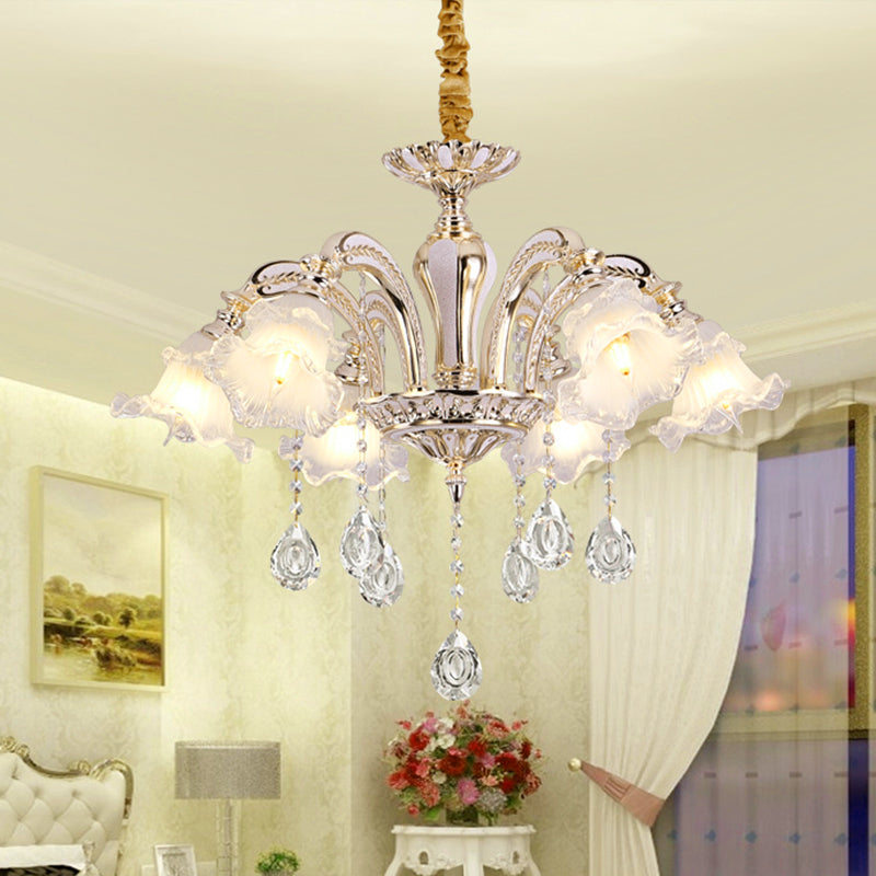 Gold 3/6-Light Ceiling Chandelier Traditional Crystal Stand Suspension Lighting with Floral Frosted Glass Shade Clearhalo 'Ceiling Lights' 'Chandeliers' Lighting' options 738016