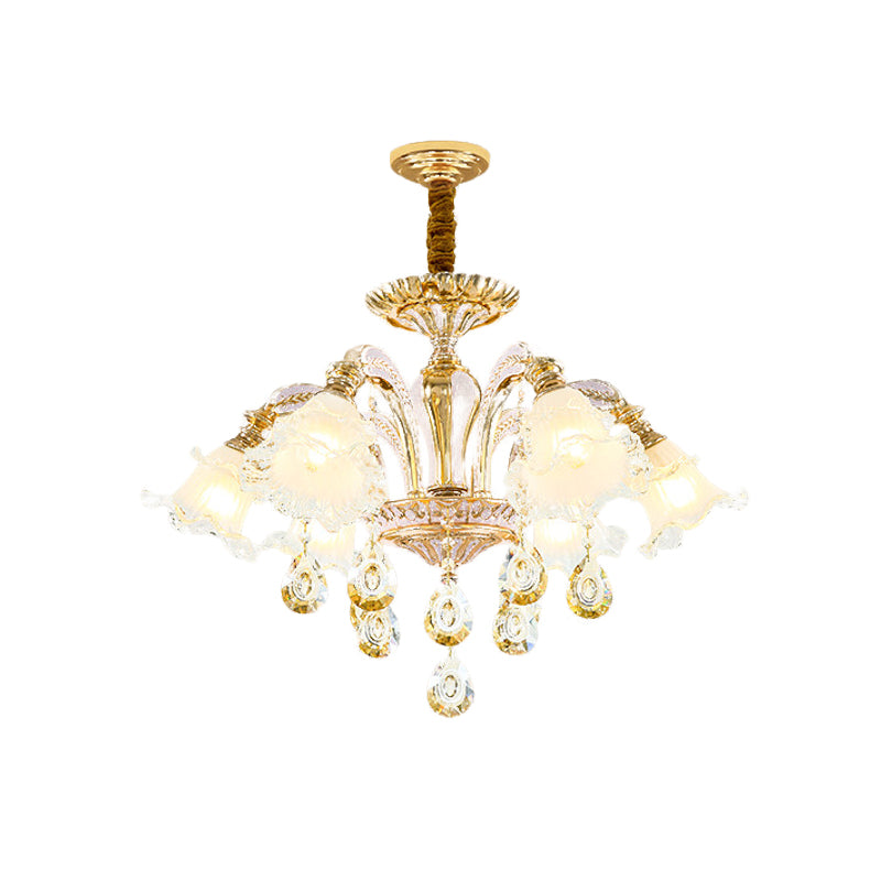 Gold 3/6-Light Ceiling Chandelier Traditional Crystal Stand Suspension Lighting with Floral Frosted Glass Shade Clearhalo 'Ceiling Lights' 'Chandeliers' Lighting' options 738017