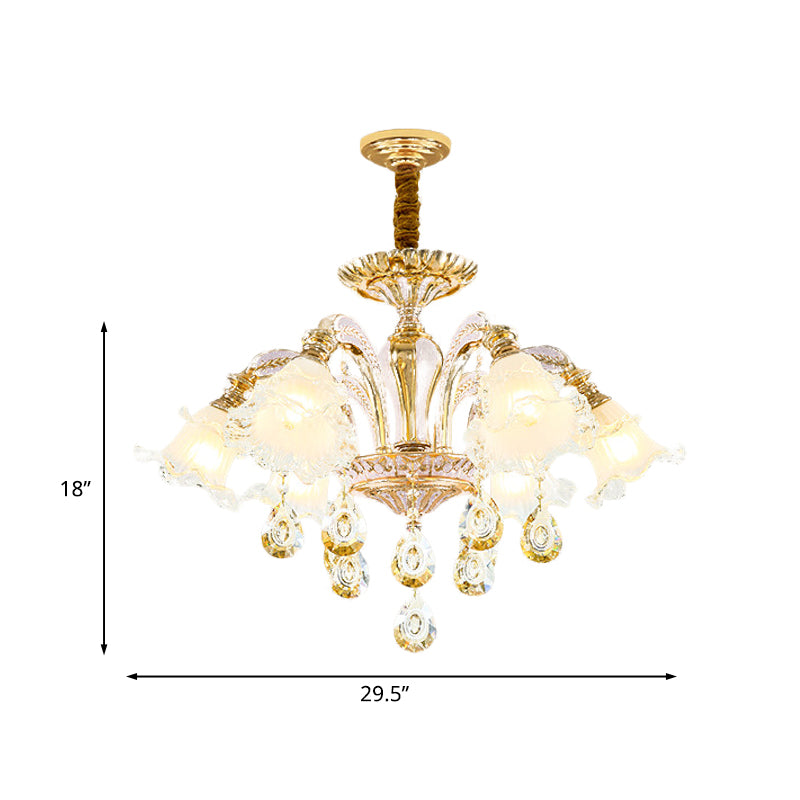 Gold 3/6-Light Ceiling Chandelier Traditional Crystal Stand Suspension Lighting with Floral Frosted Glass Shade Clearhalo 'Ceiling Lights' 'Chandeliers' Lighting' options 738018