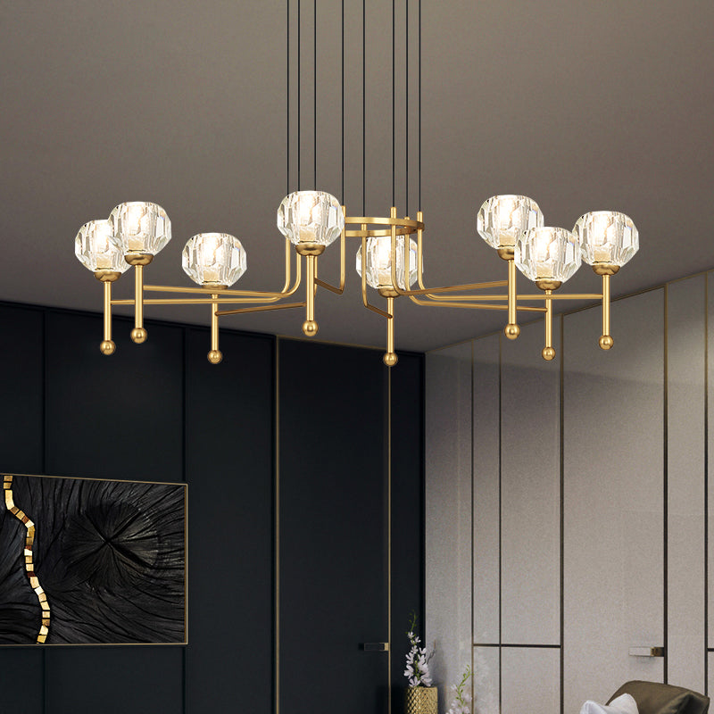 Crystal Brass Multi Ceiling Light Diamond 6/8-Bulb 27"/31" Wide Modernist LED Pendant Lamp Kit Brass 31" Clearhalo 'Ceiling Lights' 'Modern Pendants' 'Modern' 'Pendant Lights' 'Pendants' Lighting' 738019