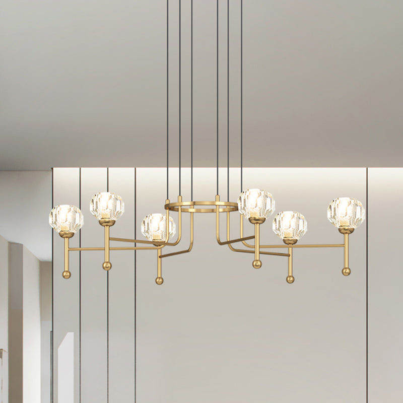 Crystal Brass Multi Ceiling Light Diamond 6/8-Bulb 27"/31" Wide Modernist LED Pendant Lamp Kit Brass 27" Clearhalo 'Ceiling Lights' 'Modern Pendants' 'Modern' 'Pendant Lights' 'Pendants' Lighting' 738023