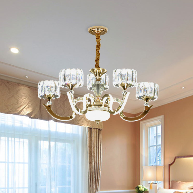 3/5 Lights Crystal Block Chandelier Light Modernism Gold Drum Living Room LED Hanging Ceiling Lamp 5 Gold Clearhalo 'Ceiling Lights' 'Chandeliers' 'Modern Chandeliers' 'Modern' Lighting' 738028