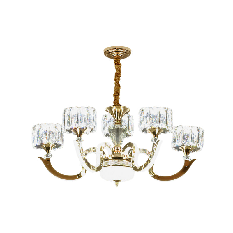 3/5 Lights Crystal Block Chandelier Light Modernism Gold Drum Living Room LED Hanging Ceiling Lamp Clearhalo 'Ceiling Lights' 'Chandeliers' 'Modern Chandeliers' 'Modern' Lighting' 738029