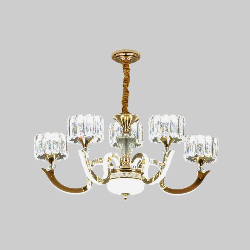 3/5 Lights Crystal Block Chandelier Light Modernism Gold Drum Living Room LED Hanging Ceiling Lamp Clearhalo 'Ceiling Lights' 'Chandeliers' 'Modern Chandeliers' 'Modern' Lighting' 738030