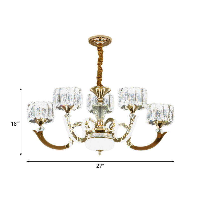 3/5 Lights Crystal Block Chandelier Light Modernism Gold Drum Living Room LED Hanging Ceiling Lamp Clearhalo 'Ceiling Lights' 'Chandeliers' 'Modern Chandeliers' 'Modern' Lighting' 738031