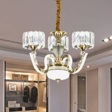 3/5 Lights Crystal Block Chandelier Light Modernism Gold Drum Living Room LED Hanging Ceiling Lamp 3 Gold Clearhalo 'Ceiling Lights' 'Chandeliers' 'Modern Chandeliers' 'Modern' Lighting' 738032