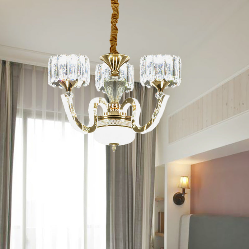 3/5 Lights Crystal Block Chandelier Light Modernism Gold Drum Living Room LED Hanging Ceiling Lamp Clearhalo 'Ceiling Lights' 'Chandeliers' 'Modern Chandeliers' 'Modern' Lighting' 738033