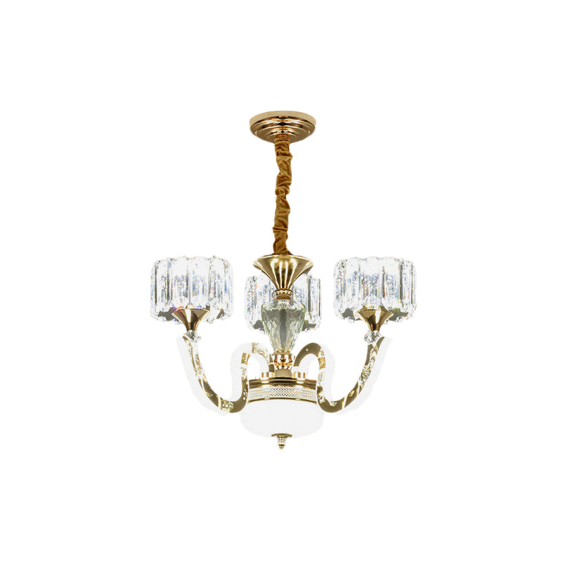 3/5 Lights Crystal Block Chandelier Light Modernism Gold Drum Living Room LED Hanging Ceiling Lamp Clearhalo 'Ceiling Lights' 'Chandeliers' 'Modern Chandeliers' 'Modern' Lighting' 738034