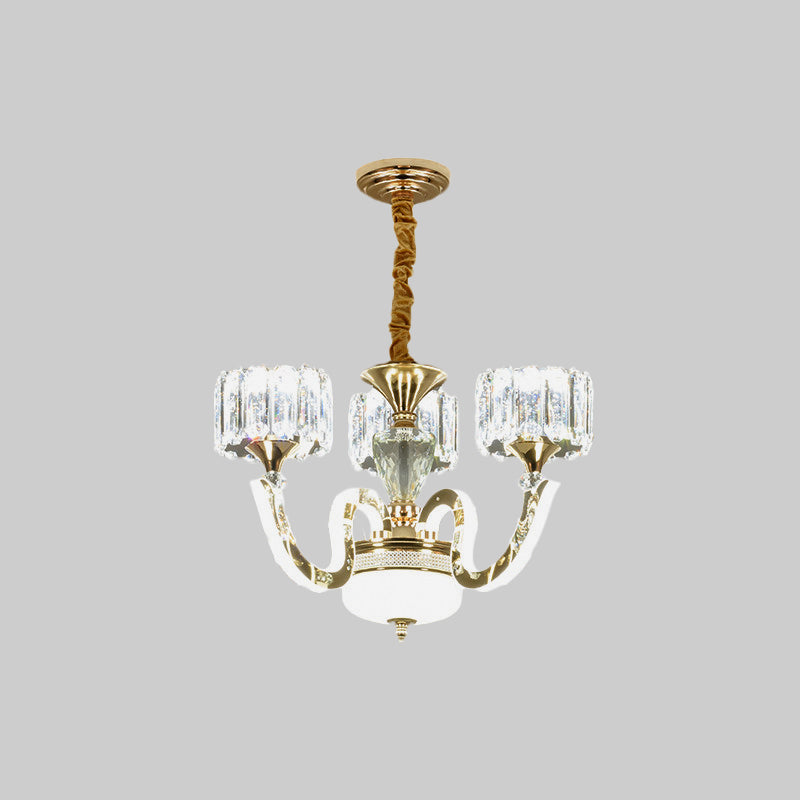 3/5 Lights Crystal Block Chandelier Light Modernism Gold Drum Living Room LED Hanging Ceiling Lamp Clearhalo 'Ceiling Lights' 'Chandeliers' 'Modern Chandeliers' 'Modern' Lighting' 738035