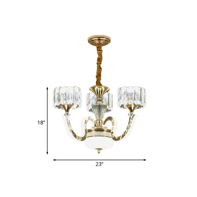 3/5 Lights Crystal Block Chandelier Light Modernism Gold Drum Living Room LED Hanging Ceiling Lamp Clearhalo 'Ceiling Lights' 'Chandeliers' 'Modern Chandeliers' 'Modern' Lighting' 738036