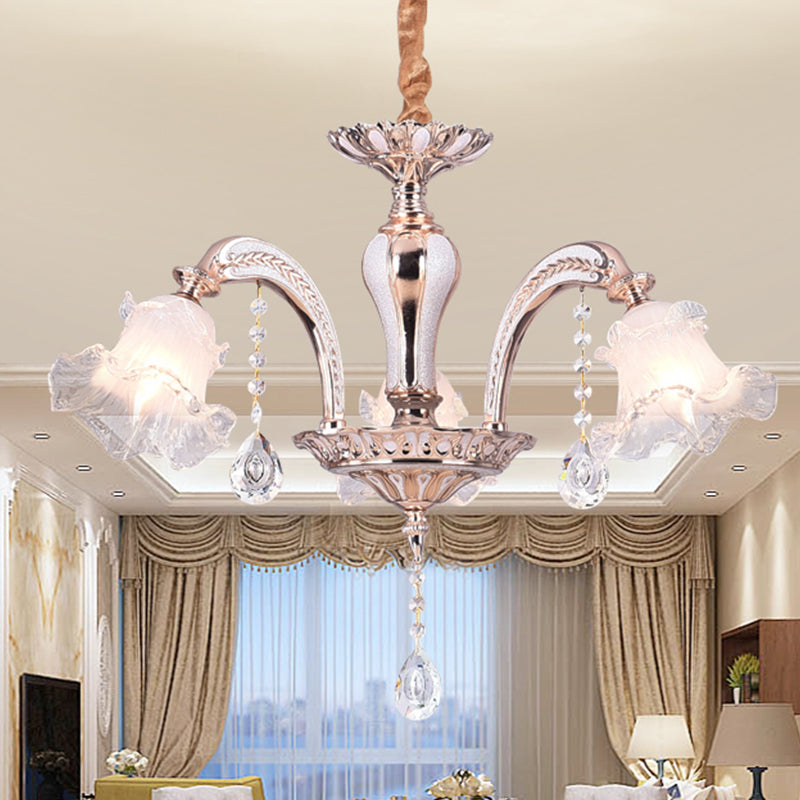 3/6 Heads Floral Ceiling Chandelier Traditional Gold Crystal Hanging Pendant Lamp for Bedroom 3 Gold Clearhalo 'Ceiling Lights' 'Chandeliers' Lighting' options 738072_bd08aaa3-8553-4674-ab40-e92f6a6aea1b