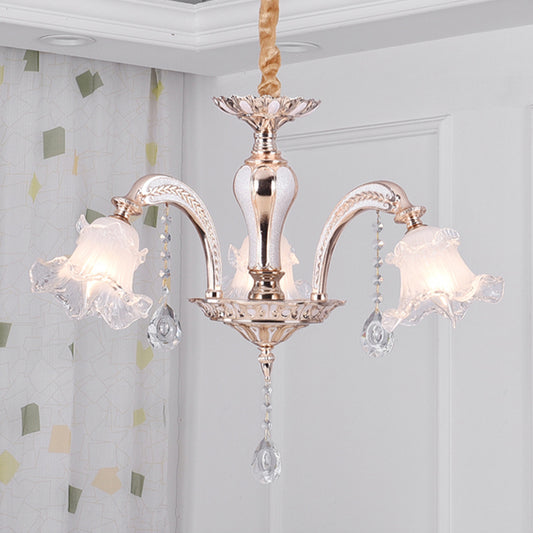3/6 Heads Floral Ceiling Chandelier Traditional Gold Crystal Hanging Pendant Lamp for Bedroom Clearhalo 'Ceiling Lights' 'Chandeliers' Lighting' options 738073