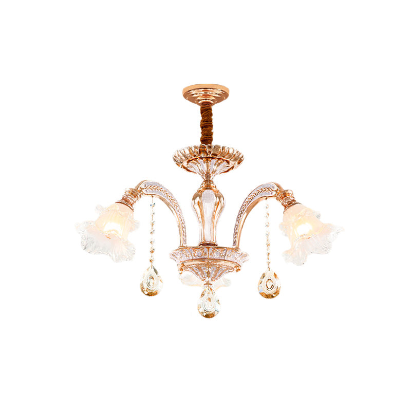 3/6 Heads Floral Ceiling Chandelier Traditional Gold Crystal Hanging Pendant Lamp for Bedroom Clearhalo 'Ceiling Lights' 'Chandeliers' Lighting' options 738074