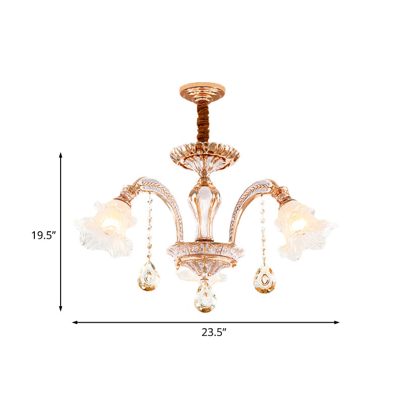 3/6 Heads Floral Ceiling Chandelier Traditional Gold Crystal Hanging Pendant Lamp for Bedroom Clearhalo 'Ceiling Lights' 'Chandeliers' Lighting' options 738075