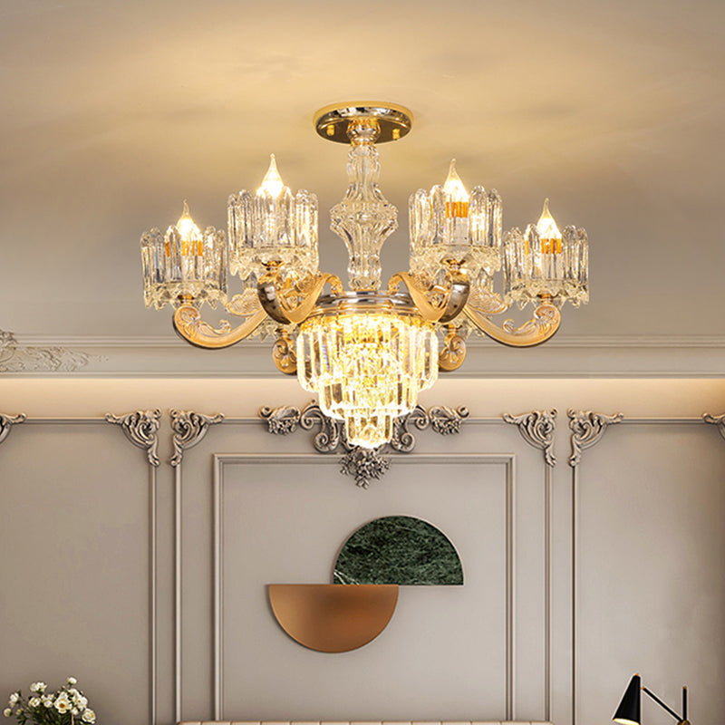 Crystal Block Round Hanging Chandelier Modernist 6/8 Lights Living Room Ceiling Pendant Lamp in Gold 6 Gold Clearhalo 'Ceiling Lights' 'Chandeliers' 'Modern Chandeliers' 'Modern' Lighting' 738076