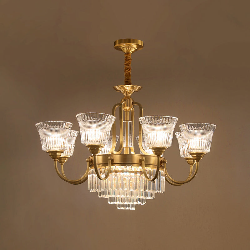 Bell Clear Glass Crystal Pendant Lamp Traditional 6/8-Head Living Room Up Chandelier Lighting in Brass Clearhalo 'Ceiling Lights' 'Chandeliers' Lighting' options 738087