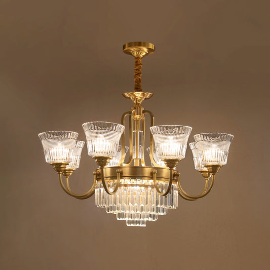 Bell Clear Glass Crystal Pendant Lamp Traditional 6/8-Head Living Room Up Chandelier Lighting in Brass Clearhalo 'Ceiling Lights' 'Chandeliers' Lighting' options 738087