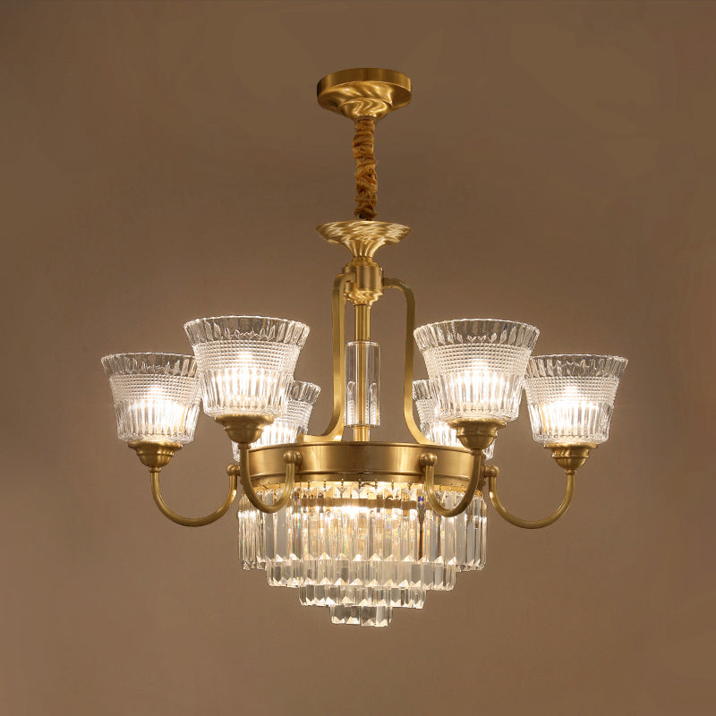 Bell Clear Glass Crystal Pendant Lamp Traditional 6/8-Head Living Room Up Chandelier Lighting in Brass Clearhalo 'Ceiling Lights' 'Chandeliers' Lighting' options 738089