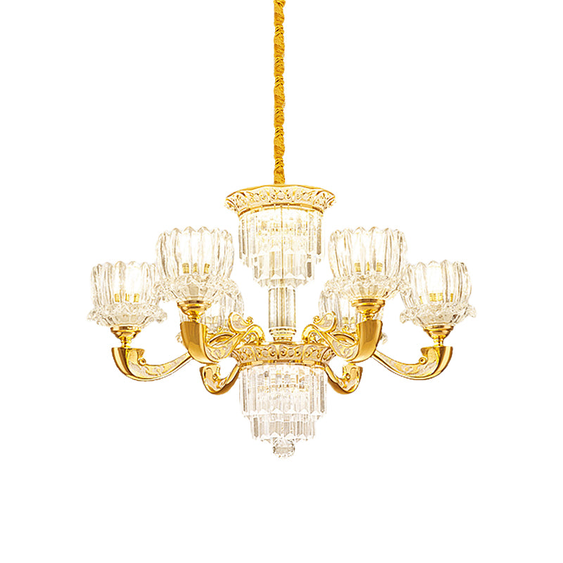 Gold Lotus Suspension Light Contemporary Crystal Rectangle 6/8 Bulbs Living Room Hanging Chandelier Clearhalo 'Ceiling Lights' 'Chandeliers' 'Modern Chandeliers' 'Modern' Lighting' 738123