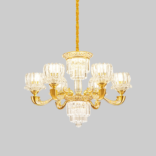 Gold Lotus Suspension Light Contemporary Crystal Rectangle 6/8 Bulbs Living Room Hanging Chandelier Clearhalo 'Ceiling Lights' 'Chandeliers' 'Modern Chandeliers' 'Modern' Lighting' 738124