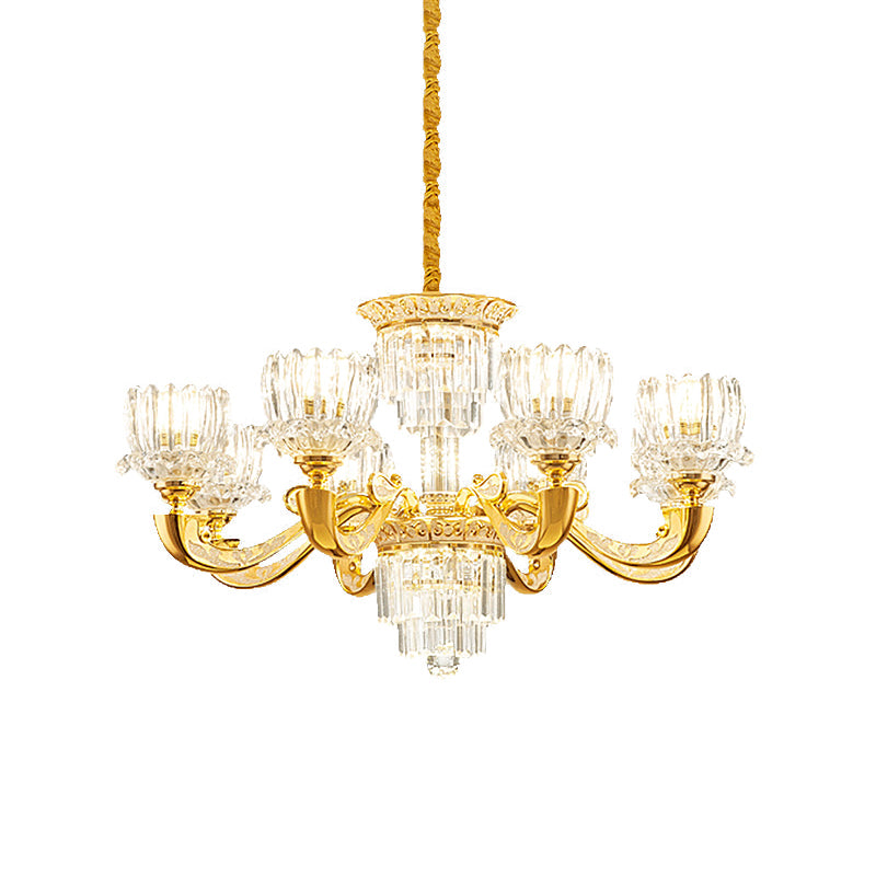 Gold Lotus Suspension Light Contemporary Crystal Rectangle 6/8 Bulbs Living Room Hanging Chandelier Clearhalo 'Ceiling Lights' 'Chandeliers' 'Modern Chandeliers' 'Modern' Lighting' 738127