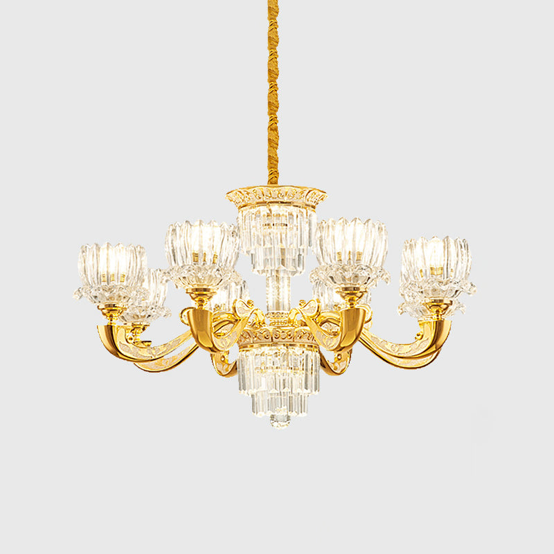 Gold Lotus Suspension Light Contemporary Crystal Rectangle 6/8 Bulbs Living Room Hanging Chandelier Clearhalo 'Ceiling Lights' 'Chandeliers' 'Modern Chandeliers' 'Modern' Lighting' 738128