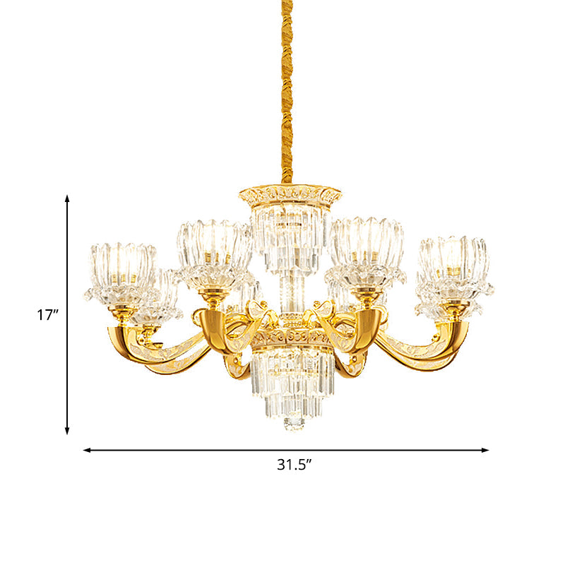 Gold Lotus Suspension Light Contemporary Crystal Rectangle 6/8 Bulbs Living Room Hanging Chandelier Clearhalo 'Ceiling Lights' 'Chandeliers' 'Modern Chandeliers' 'Modern' Lighting' 738129