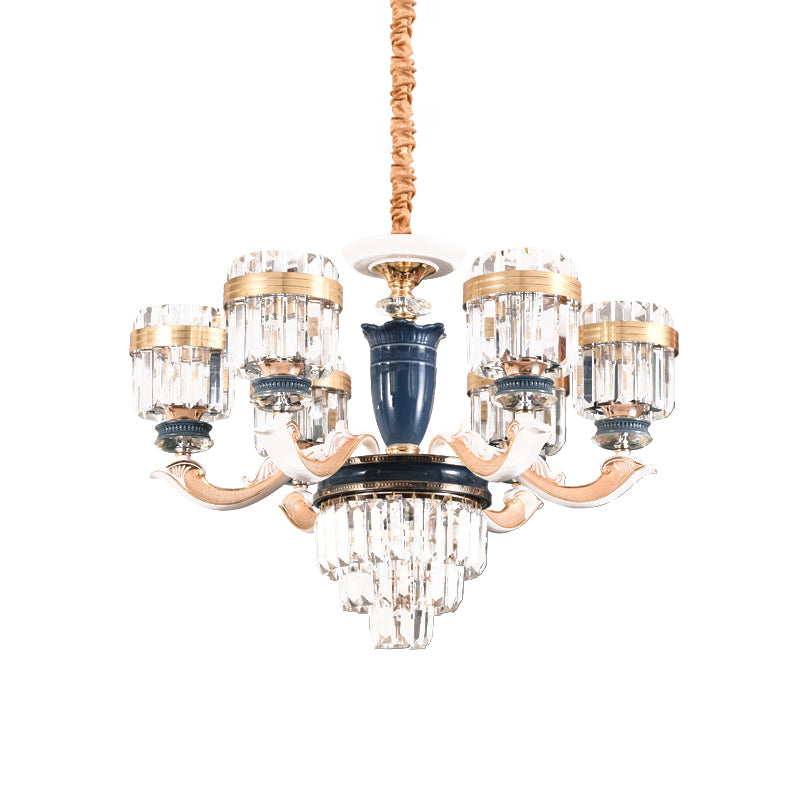 6/8 Heads Chandelier Lighting Traditional Cylindrical Clear Crystal Block Ceiling Hang Fixture Clearhalo 'Ceiling Lights' 'Chandeliers' Lighting' options 738135