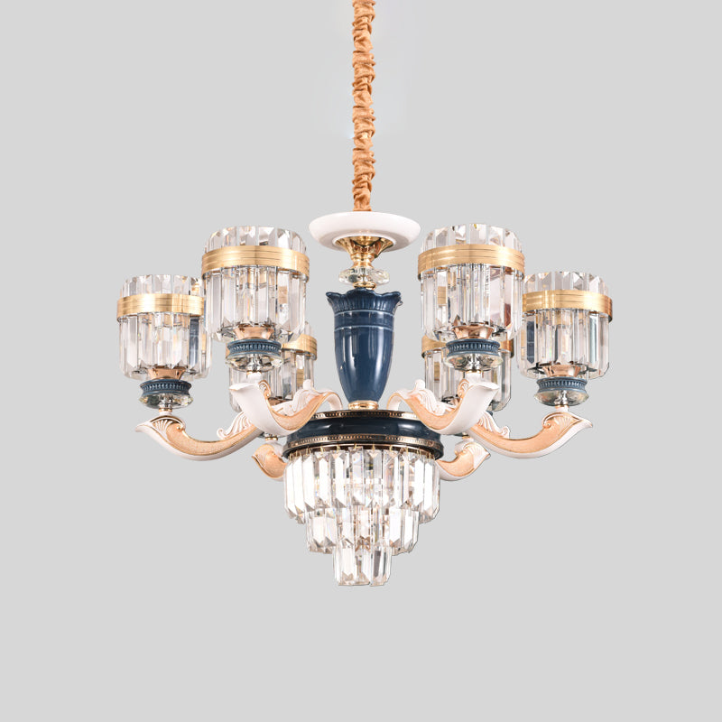 6/8 Heads Chandelier Lighting Traditional Cylindrical Clear Crystal Block Ceiling Hang Fixture Clearhalo 'Ceiling Lights' 'Chandeliers' Lighting' options 738136