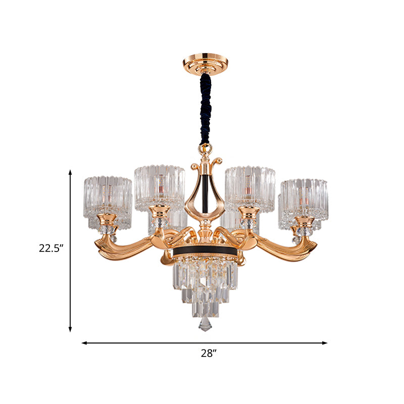 Modernist Drum Ceiling Chandelier 6/8-Bulb Crystal Rectangle Suspension Pendant Light in Black and Gold Clearhalo 'Ceiling Lights' 'Chandeliers' 'Modern Chandeliers' 'Modern' Lighting' 738145