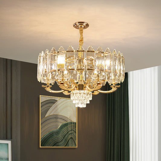 10 Lights Crystal Pendant Light Fixture Modernism Gold Drum Living Room Chandelier Lamp Gold Clearhalo 'Ceiling Lights' 'Chandeliers' 'Modern Chandeliers' 'Modern' Lighting' 738146