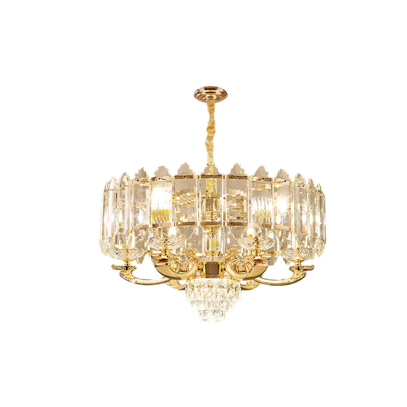 10 Lights Crystal Pendant Light Fixture Modernism Gold Drum Living Room Chandelier Lamp Clearhalo 'Ceiling Lights' 'Chandeliers' 'Modern Chandeliers' 'Modern' Lighting' 738147