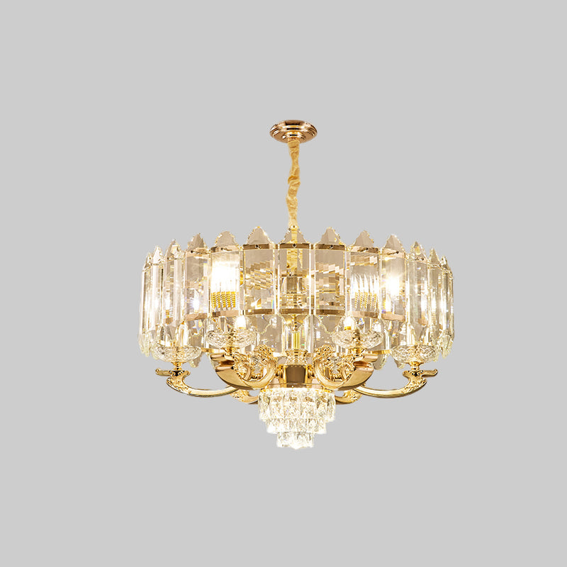 10 Lights Crystal Pendant Light Fixture Modernism Gold Drum Living Room Chandelier Lamp Clearhalo 'Ceiling Lights' 'Chandeliers' 'Modern Chandeliers' 'Modern' Lighting' 738148