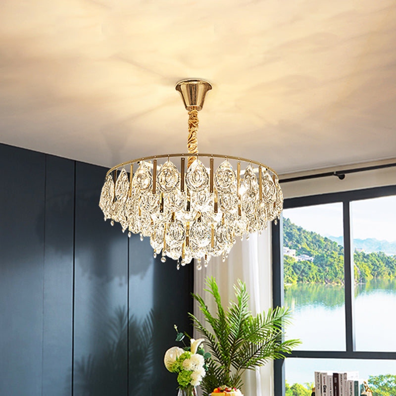 Gold 3/4 Heads Chandelier Light Modern Faceted Crystal Teardrop Hanging Lamp Kit with Cone Design Clearhalo 'Ceiling Lights' 'Chandeliers' 'Modern Chandeliers' 'Modern' Lighting' 738155