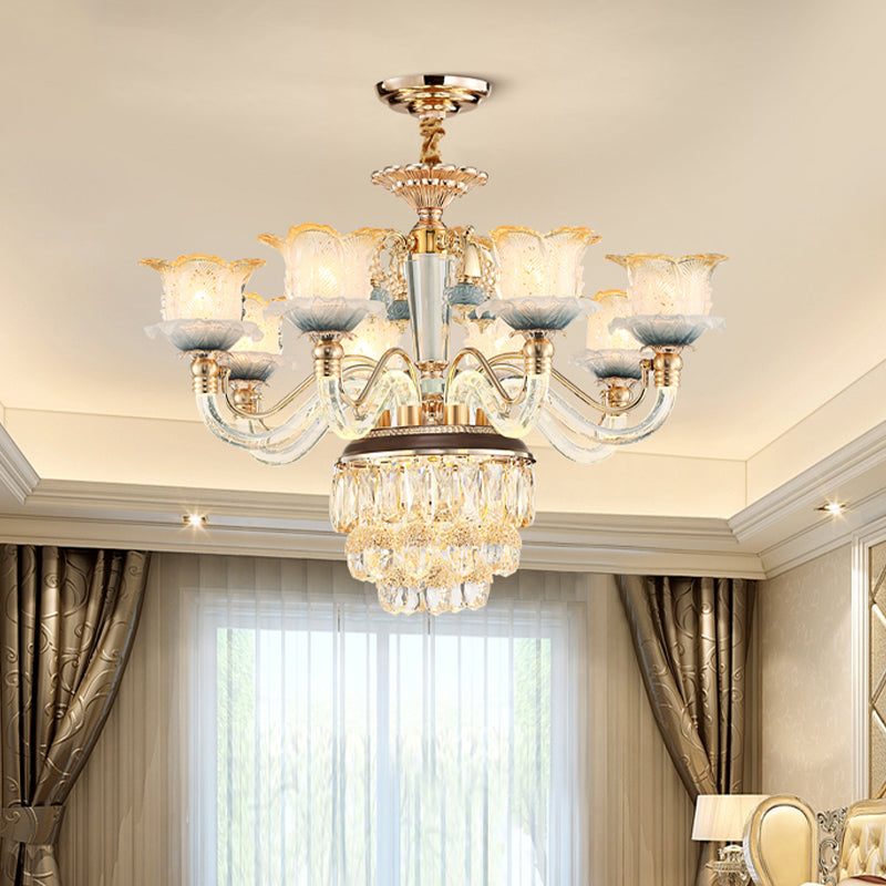 Flower Crystal Hanging Ceiling Light Traditional 8-Bulb Living Room Chandelier Lamp in Gold Clearhalo 'Ceiling Lights' 'Chandeliers' Lighting' options 738159