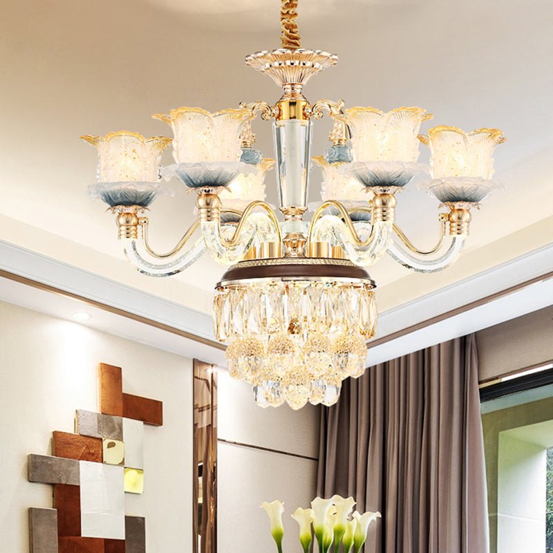 Flower Crystal Hanging Ceiling Light Traditional 8-Bulb Living Room Chandelier Lamp in Gold Clearhalo 'Ceiling Lights' 'Chandeliers' Lighting' options 738163